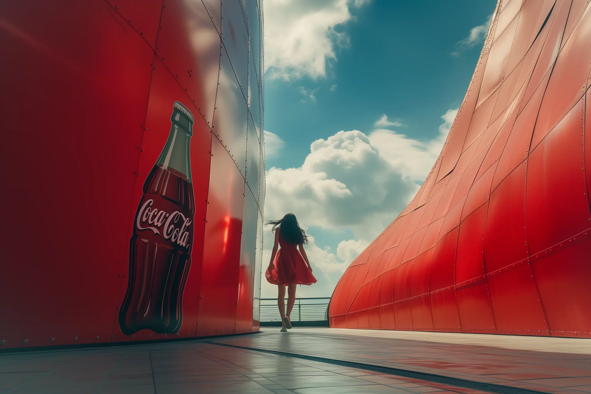 Une femme de dos en robe rouge passe devant une publicité pour Coca-Cola © innovated4