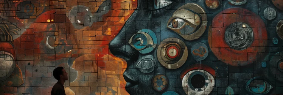 Un homme devant une fresque murale représentant un visage bleu constellé d'yeux © innovated4