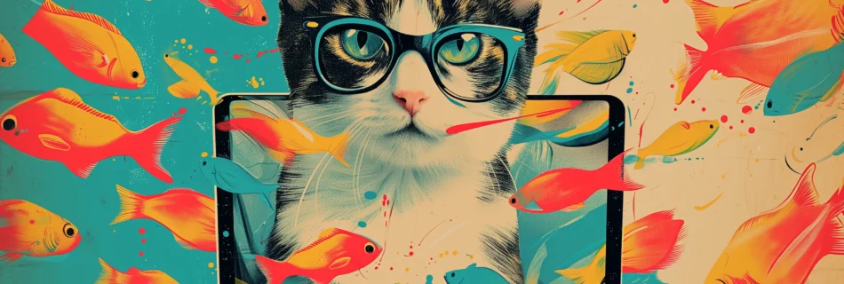 Un dessin représentant un chat avec des lunettes devant un ordinateur portable d'où s'échappent des poissons rouges © innovated4