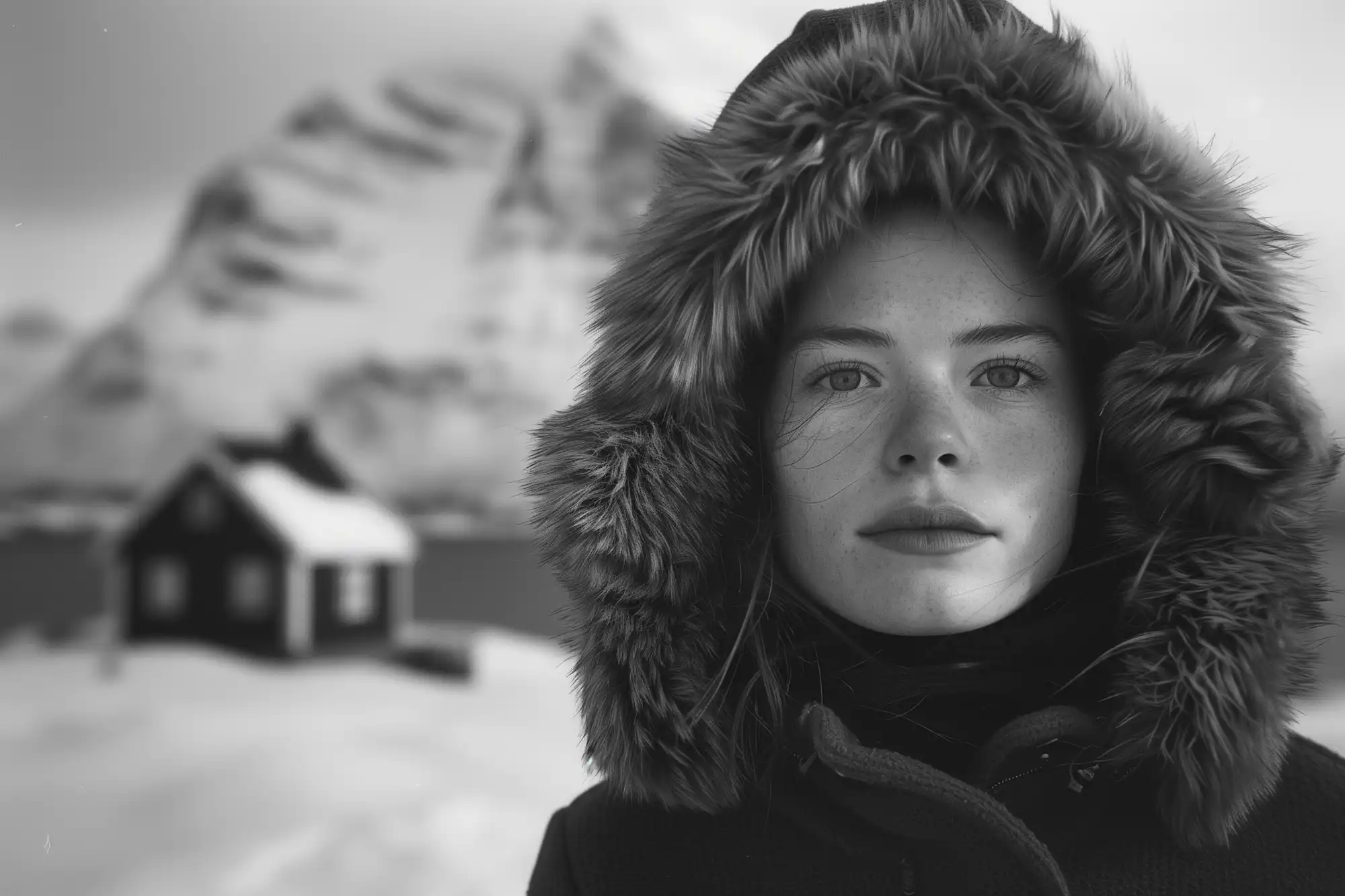 Image en noir et blanc générée par Midjourney qui montre une femme scandinave devant un lac et la montagne en hiver.