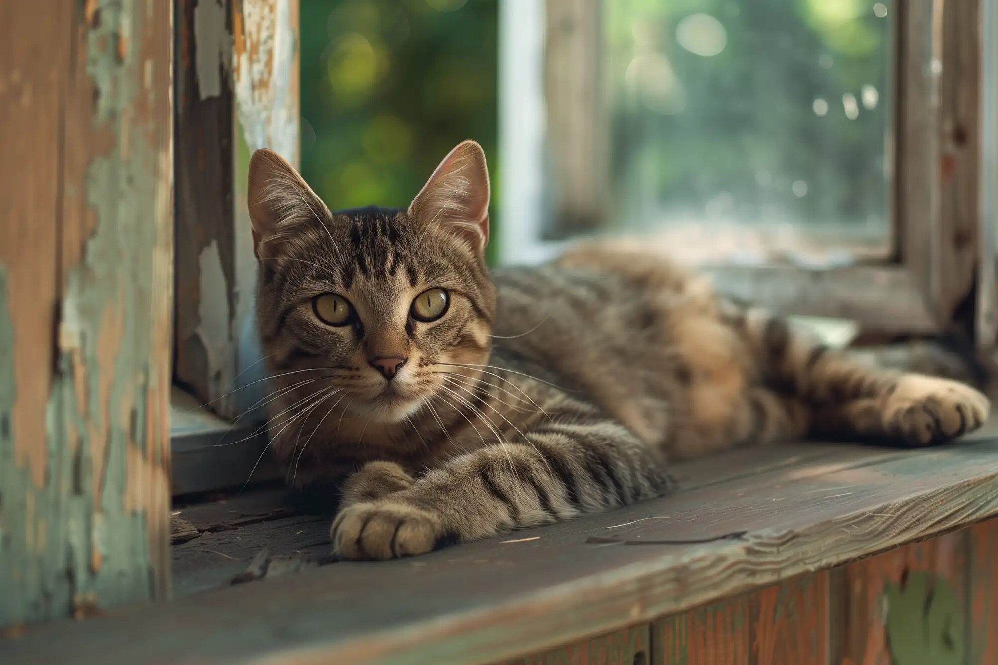 Image générée par Midjourney qui montre un chat sur le rebord d'une fenêtre.