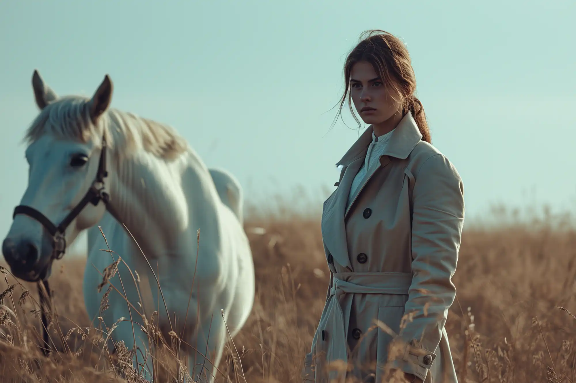 image d'illustration, marketing visuel, photographe professionnel, une femme dans un champ avec un cheval blanc © innovated4